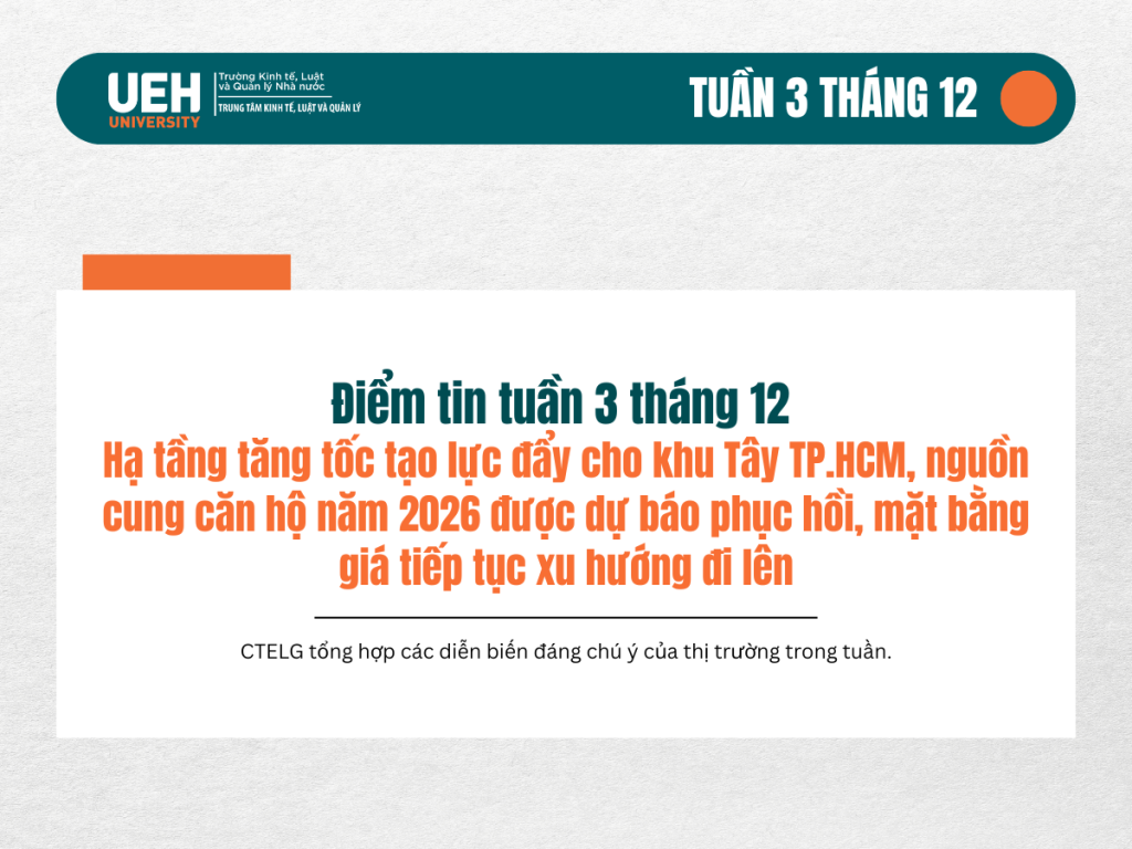 Điểm tin BĐS tuần qua: Hạ tầng tăng tốc tạo lực đẩy cho khu Tây TP.HCM, nguồn cung căn hộ năm 2026 được dự báo phục hồi, mặt bằng giá tiếp tục xu hướng đi lên.