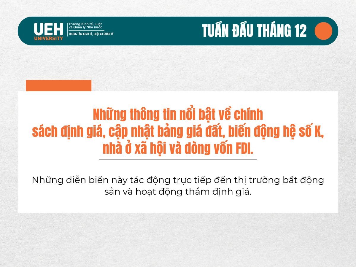Bản điểm tin tuần đầu tháng 12: Với những thông tin nổi bật về chính sách định giá, cập nhật bảng giá đất, biến động hệ số K, nhà ở xã hội và dòng vốn FDI