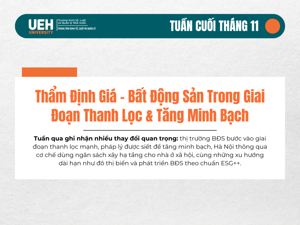 Điểm Tin Tuần Cuối Tháng 11/2025: Thẩm Định Giá – Bất Động Sản Trong Giai Đoạn Thanh Lọc & Tăng Minh Bạch
