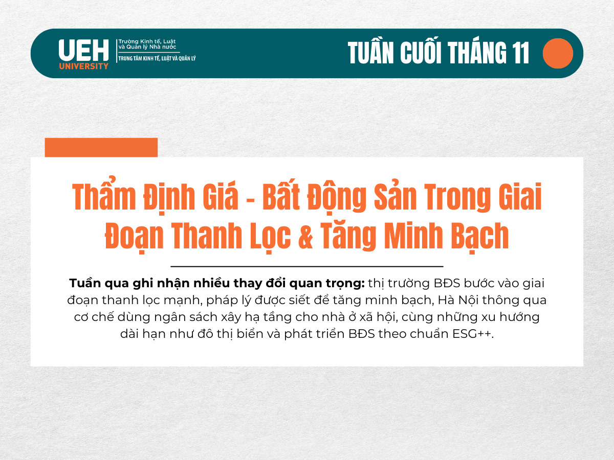 Điểm Tin Tuần Cuối Tháng 11/2025: Thẩm Định Giá – Bất Động Sản Trong Giai Đoạn Thanh Lọc & Tăng Minh Bạch